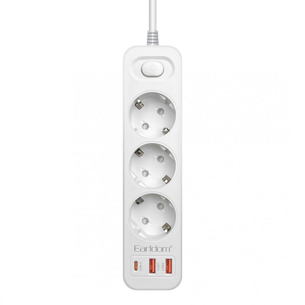 Power strip Earldom ES-SC13, 3 sockets, CEE 7/3, 2 х USB, 1 х USB-C, 2м.,White - 40377